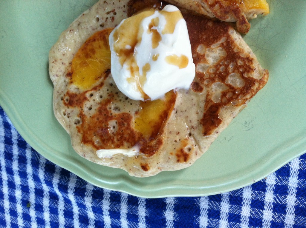 Almond Peach Pancakes with Yogurt & Maple Syrup